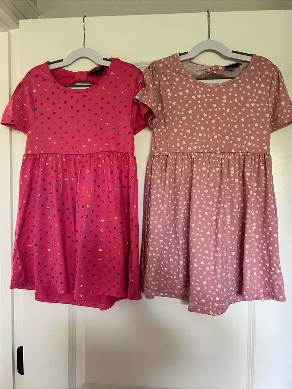 Girls' Short Sleeve Heart Print Dress - Hot Pink & Dusty Rose